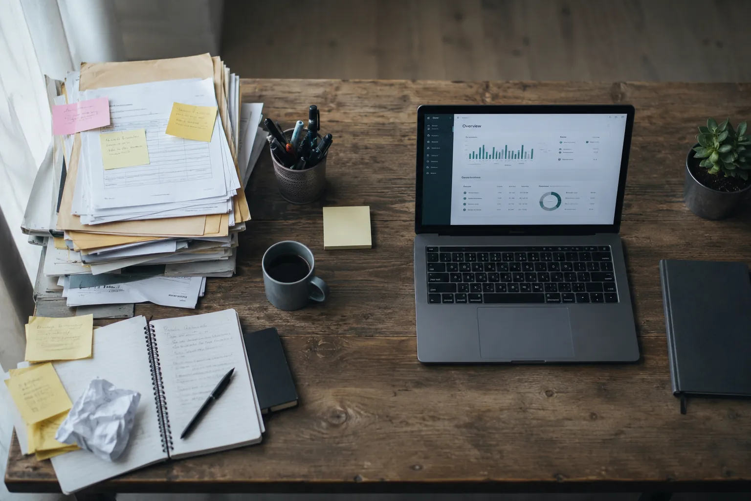 Arbeitsplatz mit Laptop und Unterlagen